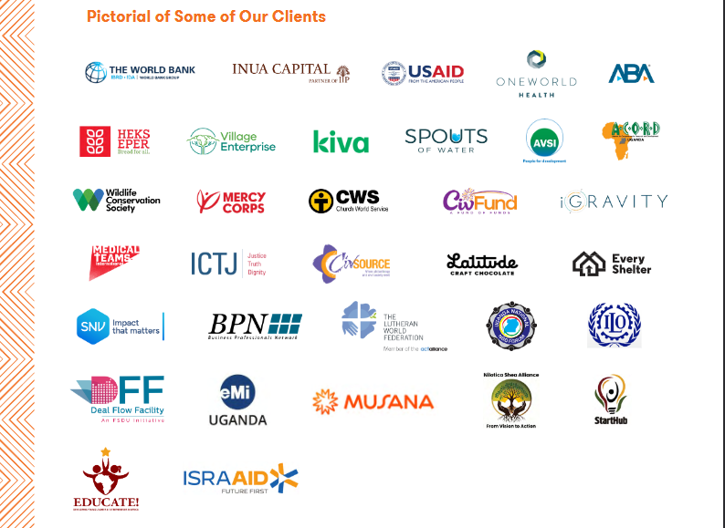 Pictorial of some of TASLAF Advocates' clients including The World Bank, USAID, Inua Capital, OneWorld Health, ABA, HEKS EPER, Village Enterprise, Kiva, Spouts of Water, AVSI, ACORD, Wildlife Conservation Society, Mercy Corps, Church World Service, CWFund, iGravity, Medical Teams International, ICTJ, CivSource, Latitude Craft Chocolate, Every Shelter, SNV, BPN, The Lutheran World Federation, ILO, Deal Flow Facility, eMi Uganda, Musana, Nilotica Shea Alliance, StartHub, Educate!, and IsraAID.