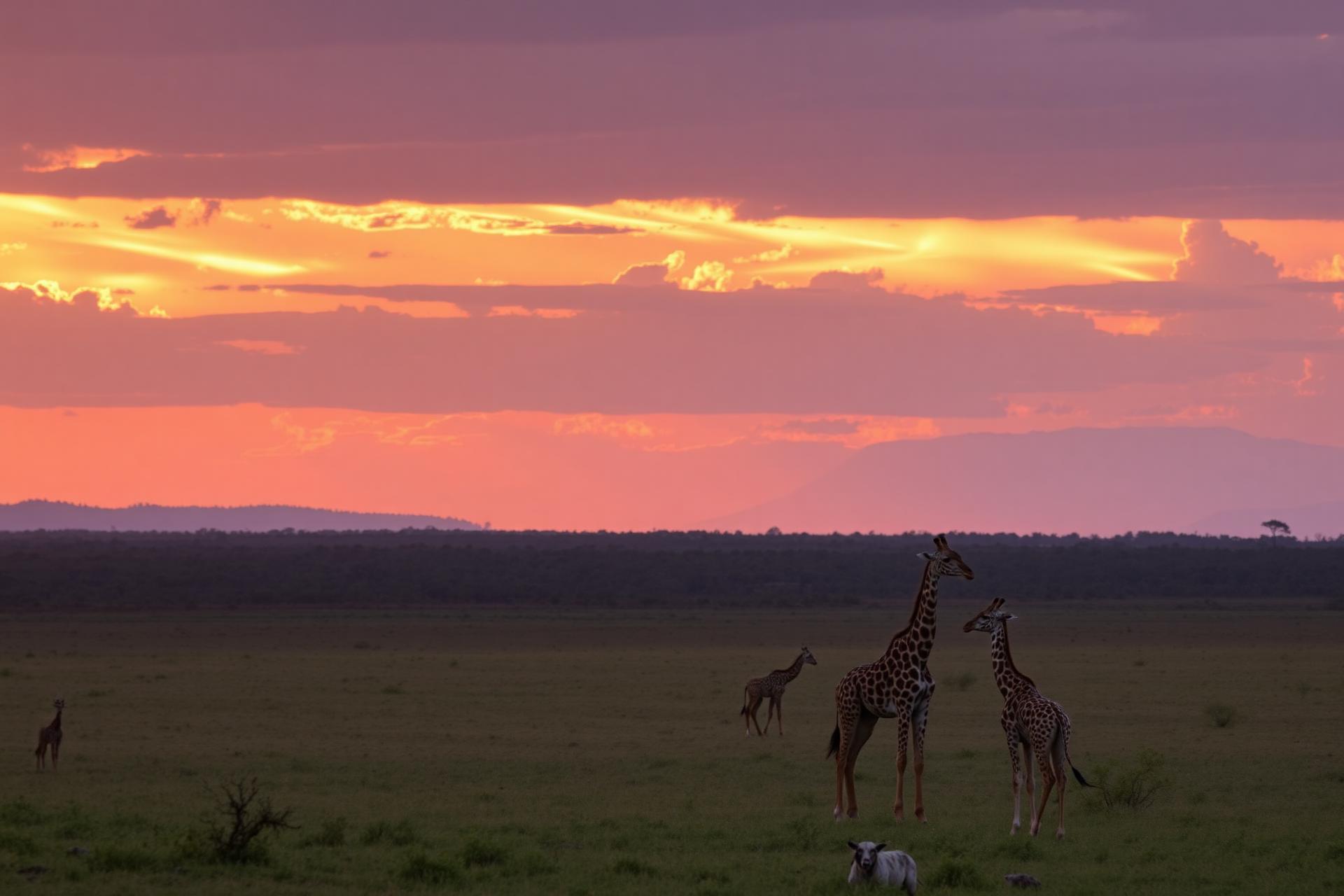 Maasai Mara sunset with giraffes on the savannah